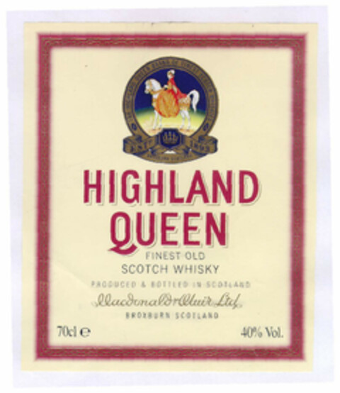 HIGHLAND QUEEN THE HIGHLAND QUEEN BRAND OF FINEST SCOTCH WHISKIES EST' 1893 BROXBURN SCOTLAND FINEST OLD SCOTCH WHISKY PRODUCED AND BOTTLED IN SCOTLAND MacDonald/Muir Ltd BROXBURN SCOTLAND 70cl e 40% Vol. Logo (EUIPO, 08.03.1999)