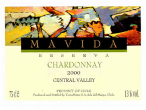 MAVIDA RESERVA CHARDONNAY 2000 CENTRAL VALLEY PRODUCT OF CHILE Produced and Bottled by TerraMater S.A., Isla del Maipo, Chile. 75 cl e 13% vol. Logo (EUIPO, 07/02/2002)