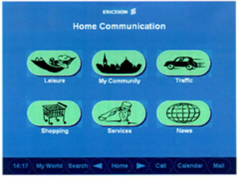 ERICSSON Home Communication Leisure My Community Traffic Shopping Services News Logo (EUIPO, 09/16/1999)