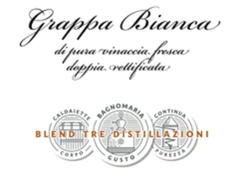 Grappa Bianca di pura vinaccia fresca doppia rettificata BLEND TRE DISTILLAZIONI CALDAIETTE CORPO BAGNOMARIA GUSTO CONTINUA PUREZZA Logo (EUIPO, 26.02.2021)