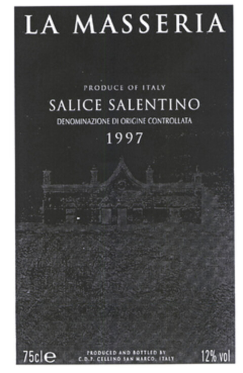 LA MASSERIA PRODUCE OF ITALY SALICE SALENTINO DENOMINAZIONE DI ORIGINE CONTROLLATA 1997 PRODUCED AND BOTTLED BY C.D.P. CELLINO SAN MARCO, ITALY Logo (EUIPO, 09.12.2003)