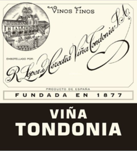 VINOS FINOS R.L. de H Y CA HARO EMBOTELLADO POR : R. López de Heredia Viña Tondonia S.A. PRODUCTO DE ESPAÑA FUNDADA ΕΝ 1877 VIÑA TONDONIA Logo (EUIPO, 11.10.2023)