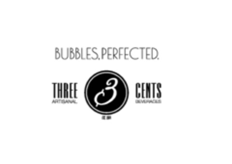 BUBBLES, PERFECTED. THREE 3 CENTS ARTISANAL BEVERAGES EST. 2014 Logo (EUIPO, 02/14/2024)