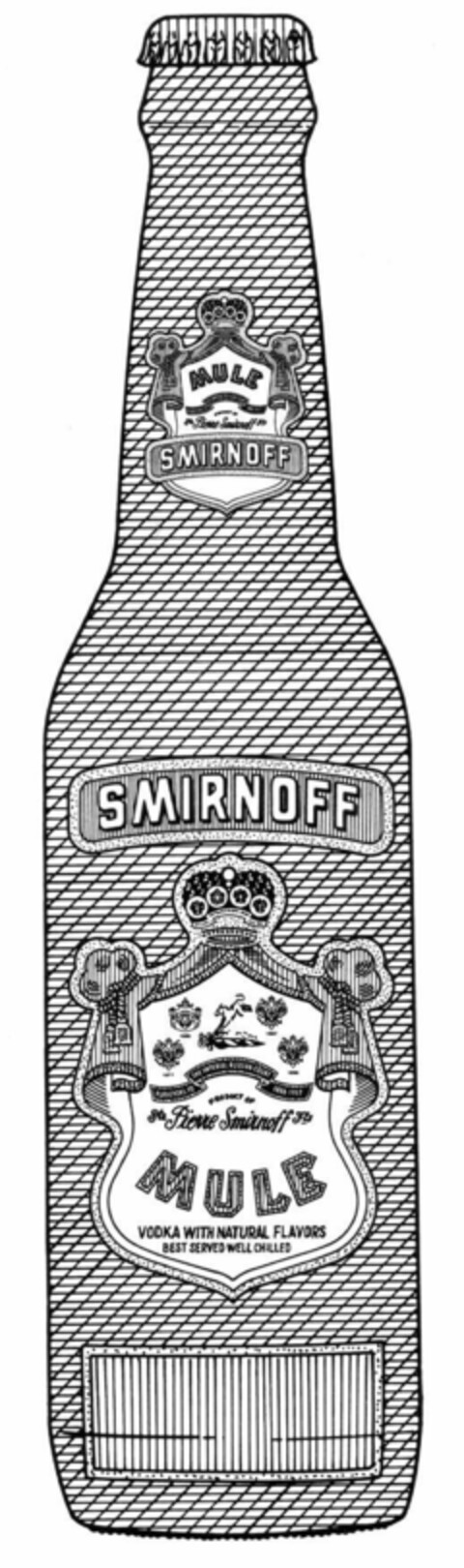 MULE Pierre Smirnoff SMIRNOFF SMIRNOFF PRODUCT OF Pierre Smirnoff MULE VODKA WITH NATURAL FLAVORS BEST SERVED WELL CHILLED Logo (EUIPO, 25.03.1998)