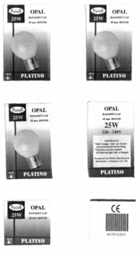 OPAL PlatinO 25W BAYONET CAP 45 mm ROUND B22 PLATINO Logo (EUIPO, 16.02.2000)