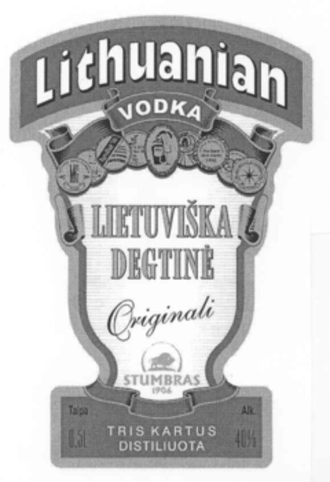 Lithuanian VODKA LIETUVIŠKA DEGTINĖ Originali STUMBRAS 1906 TRIS KARTUS DISTILIUOTA Logo (EUIPO, 26.11.2004)