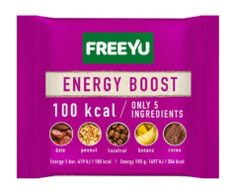 FREEYU ENERGY BOOST 100kcal only 5 ingredients date peanut hazelnut banana cocoa Logo (EUIPO, 20.06.2018)