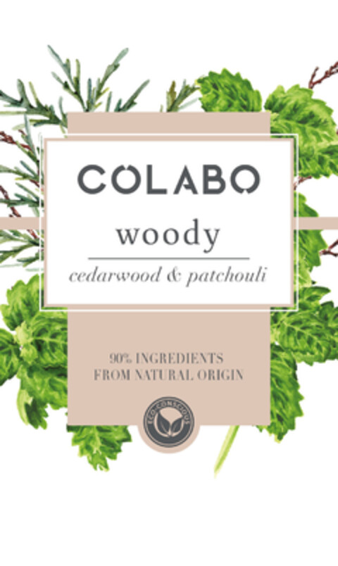 COLABO woody cedarwood & patchouli 90% INGREDIENTS FROM NATURAL ORIGIN ECO-CONSCIOUS Logo (EUIPO, 24.06.2022)