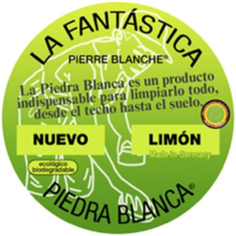 LA FANTÁSTICA PIERRE BLANCHE La Piedra Blanca es un producto indispensable para limpiarlo todo, desde el techo hasta el suelo. NUEVO LIMÓN Made in Germany  ecológico biodegradable PIEDRA BLANCA Logo (EUIPO, 21.07.2023)