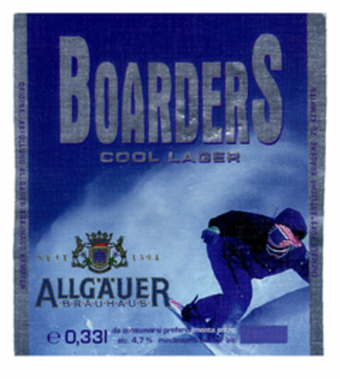 BOARDERS COOL LAGER SEIT 1394 ALLGÄUER BRAUHAUS Logo (EUIPO, 29.03.2000)