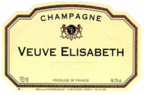 CHAMPAGNE VEUVE ELISABETH 750ml PRODUCE OF FRANCE Alc. 12% vol. Elaboré par MANSARD-BAILLET - 51200 EPERNAY - FRANCE NM-241-005 Logo (EUIPO, 06.08.1998)