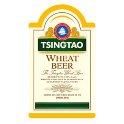 TSINGTAO WHEAT BEER THE TSINGTAO WHEAT BEER BREWED WITH 100% MALT, SMOOTH AND LIGHT IN FLAVOUR WITH AN ELEGANT FLORAL FINISH BREWED & BOTTLED BY TSINGTAO BREWERY CO., LTD. QINGDAO, CHINA Logo (EUIPO, 10.10.2019)