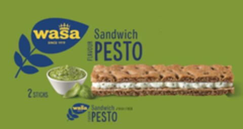 wasa SINCE 1919 Sandwich FLAVOUR PESTO 2 STICKS wasa SINCE 1919 Sandwich FLAVOUR PESTO HIGH FIBER Logo (EUIPO, 09/12/2023)