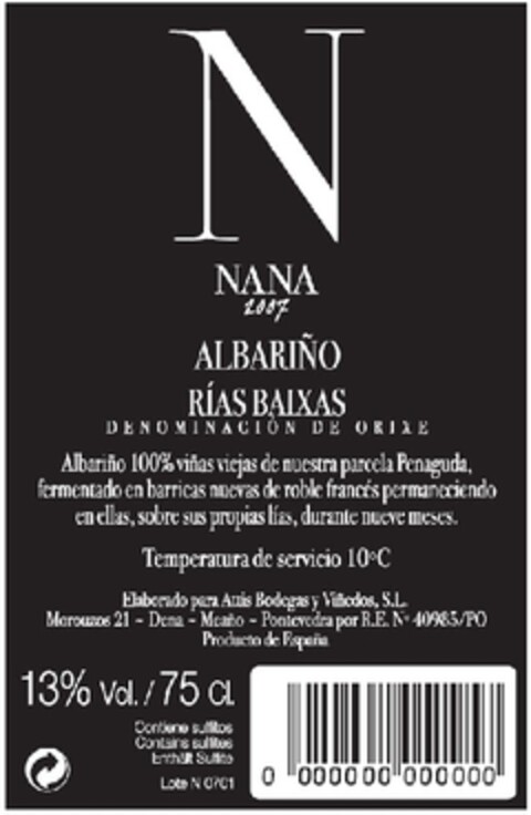 N NANA 2007 ALBARIÑO RÍAS BAIXAS Logo (EUIPO, 03.05.2010)