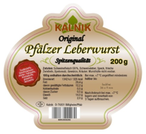 KALNIK Original Pfälzer Leberwurst Spitzenqualität Logo (EUIPO, 07/19/2017)