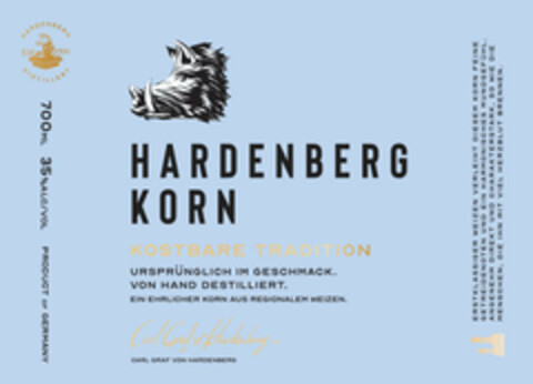 HARDENBERG KORN KOSTBARE TRADITION URSPRÜNGLICH IM GESCHMACK. VON HAND DESTILLIERT. EIN EHRLICHER KORN AUS REGIONALEM WEIZEN. Logo (EUIPO, 03.09.2019)