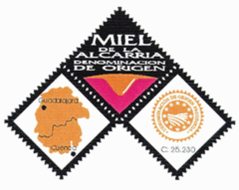 MIEL DE LA ALCARRIA DENOMINACION DE ORIGEN Guadalajara Cuenca · DENOMINACIÓN DE ORIGEN PROTEGIDA · C: 25.230 Logo (EUIPO, 01/03/2002)