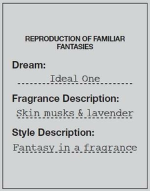 REPRODUCTION OF FAMILIAR FANTASIES Dream : Ideal One Fragrance Description : Skin musks & lavender Style Description : Fantasy in a fragrance Logo (EUIPO, 07.02.2024)