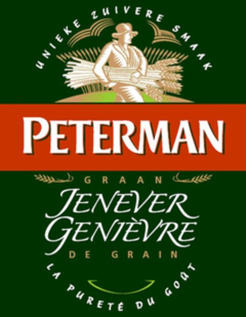 UNIEKE ZUIVERE SMAAK PETERMAN GRAAN JENEVER GENIÉVRE DE GRAIN LA PURETÉ DU GOÛT Logo (EUIPO, 10/30/2008)