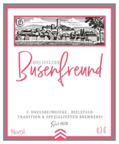 15 finde SE ES BIELEFELDER Busenfreund % vol . F. DREESBEIMDIEKE . BIELEFELD TRADITION & SPEZIALITÄTEN BRENNEREI Seit 1878 0,7 l Logo (EUIPO, 07.10.2022)