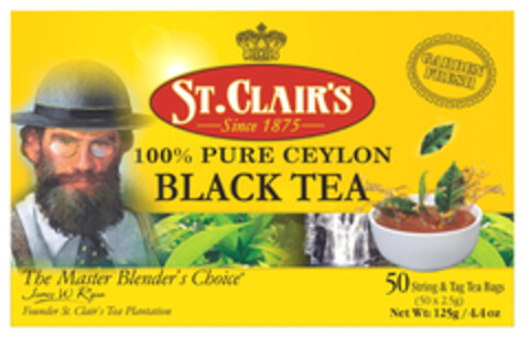 ST.CLAIR'S Since 1875 GARDEN FRESH 100% PURE CEYLON BLACK TEA The Master Blender's Choice James W Ryan Founder St. Clair's Tea Plantation 50 String & Tag Tea Bags (50x2.5g) Net Wt:125g/ 4.4 oz Logo (EUIPO, 01/24/2007)