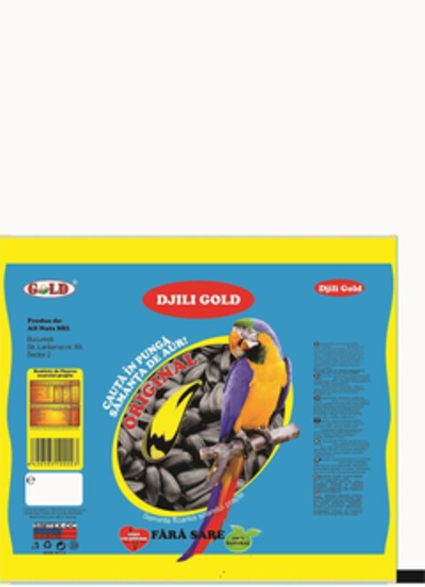 GOLD DJILI GOLD CAUTĂ ÎN PUNGĂ SĂMÂNŢA DE AUR ORIGINAL seminte de floarea soarelui prajite FĂRĂ SARE FĂRĂ COLESTEROL 100% natural Produs de: All Nuts SRL Bucureşti Str. Lanternei nr.89, sector 2 SIMTEX-OC MADE IN UE Logo (EUIPO, 13.06.2016)