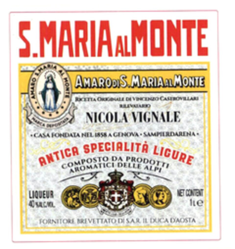 S. MARIA AL MONTE AMARO DI S. MARIA AL MONTE RICETTA ORIGINALE DI VINCENZO CATROVILLARI RILEVATARIO NICOLA VIGNALE CASA FONDATA NEL 1858 A GENOVA SAMPIERDARENA ANTICA SPECIALITÀ LIGURE COMPOSTO DA PRODOTTI AROMATICI DELLE ALPI LIQUEUR 40% ALC./VOL NE Logo (EUIPO, 11.08.2017)