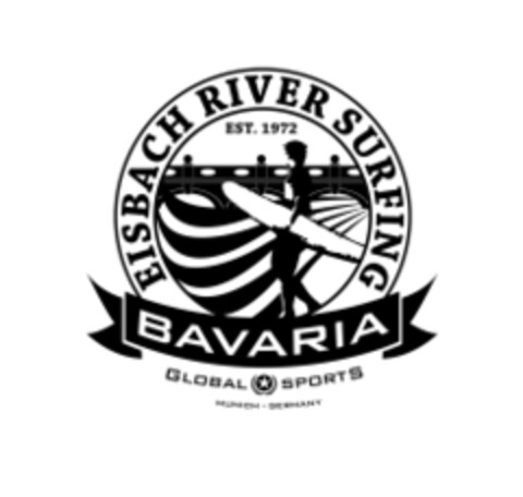 EISBACH RIVER SURFING EST. 1972 BAVARIA GLOBAL SPORTS MUNICH GERMANY Logo (EUIPO, 25.08.2014)