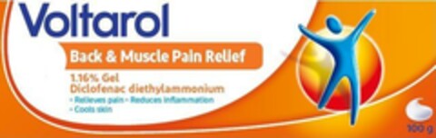 Voltarol Back & Muscle Pain Relief 1.16 % Gel Diclofenac diethylammonium  Relieves pain . Reduces inflammation  Cools skin 100 g Logo (EUIPO, 25.04.2023)