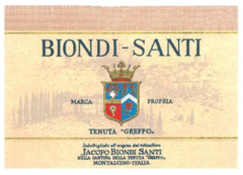 BIONDI-SANTI MARCA PROPRIA TENUTA "GREPPO" imbottigliato all'origine dal viticultore JACOPO BIONDI SANTI nella Cantina della Tenuta "GREPPO" MONTALCINO-ITALIA Logo (EUIPO, 03/19/2015)