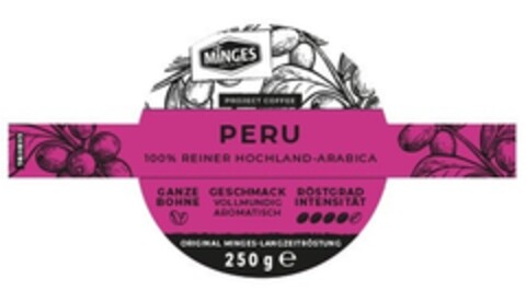 MiNGES PROJECT COFFEE PERU 100% REINER HOCHLAND-ARABICA GANZE BOHNE GESCHMACK VOLLMUNDIG AROMATISCH RÖSTGRAD INTENSITÄT ORIGINAL MINGES-LANGZEITRÖSTUNG Logo (EUIPO, 24.07.2019)