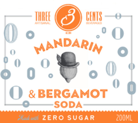 3 THREE CENTS ARTISANAL BEVERAGES MANDARIN & BERGAMOT SODA ZERO SUGAR EST.2014 Logo (EUIPO, 03.06.2022)