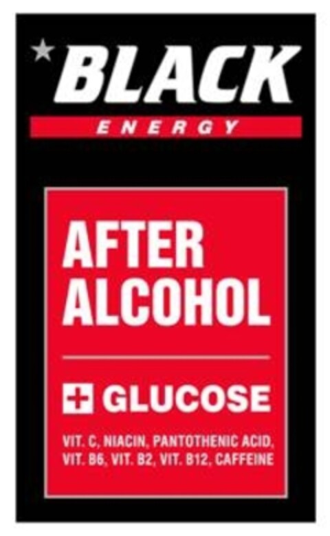 BLACK ENERGY AFTER ALCOHOL GLUCOSE VIT.C NIACIN PANTOTHENIC ACID VIT.B6 VIT.B2  VIT.B12 CAFFEINE Logo (EUIPO, 11/24/2017)