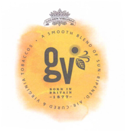 GV GOLDEN VIRGINIA  A SMOOTH BLEND OF SUN RIPENED AIR CURED & VIRGINIA TOBACCOS BORN IN BRITAIN 1877 Logo (EUIPO, 20.12.2012)