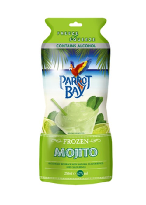 FREEZE & SQUEEZE CONTAINS ALCOHOL PARROT BAY SERVING SUGGESTION FROZEN MOJITO ALCOHOLIC BEVERAGE WITH NATURAL FLAVOURINGS AND COLOURINGS 250 ml e 4.7% vol Logo (EUIPO, 10.05.2013)