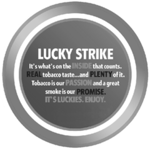 LUCKY STRIKE It's what's on the INSIDE that counts. REAL tobacco taste...and PLENTY of it. Tobacco is our PASSION and a great smoke is our PROMISE. IT'S LUCKIES. ENJOY. Logo (EUIPO, 08/10/2012)