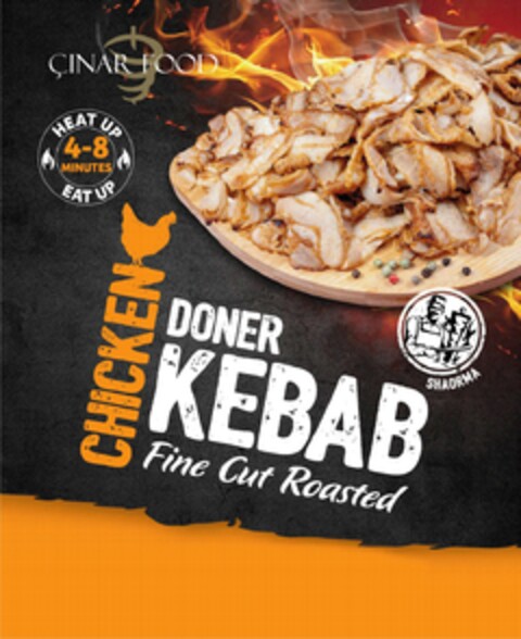 CINAR FOOD CHICKEN DONER KEBAB FINE CUT ROASTED HEAT UP EAT UP 4-8 MINUTES SHAORMA Logo (EUIPO, 23.09.2019)