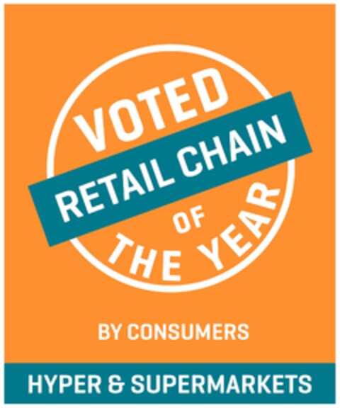 VOTED RETAIL CHAIN OF THE YEAR BY CONSUMERS HYPER & SUPERMARKETS Logo (EUIPO, 07.09.2023)