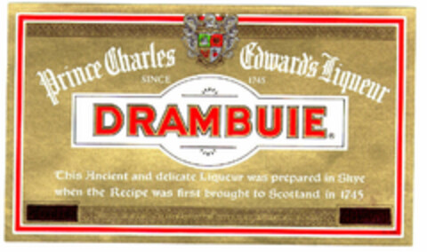 Prince Charles Edward's Liqueur SINCE 1745 DRAMBUIE This Ancient and delicate Liqueur was prepared in Skye when the Recipe was first brought to Scotland in 1745 Logo (EUIPO, 01.04.1996)
