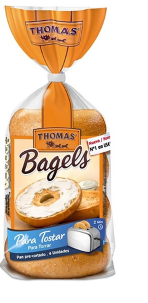 THOMAS' Bagels Nuevo/Novo Nº1 en USA Para Tostar Para Torrar Pan pre-cortado 4 Unidades 2 Min Logo (EUIPO, 05.02.2015)