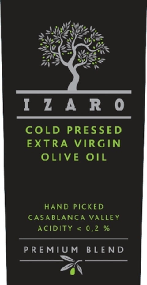 IZARO COLD PRESSED EXTRA VIRGIN OLIVE OIL HAND PICKED CASABLANCA VALLEY ACIDITY < 0,2 % PREMIUM BLEND Logo (EUIPO, 04/05/2012)