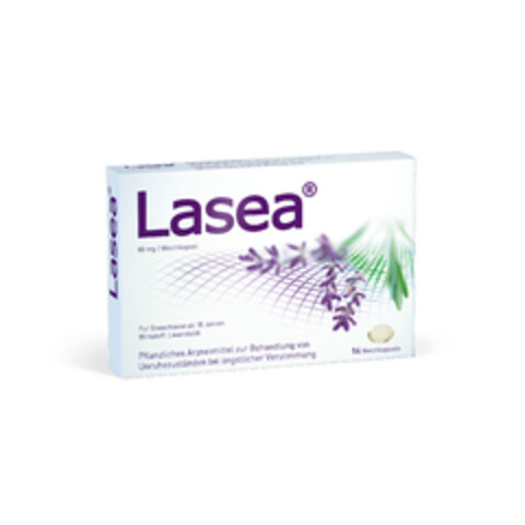 Lasea 80 mg / Weichkapsel Für Erwachsene ab 18 Jahren Wirkstoff: Lavendelöl Pflanzliches Arzneimittel zur Behandlung von Unruhezuständen bei ängstlicher Verstimmung 14 Weichkapseln Logo (EUIPO, 01/25/2024)