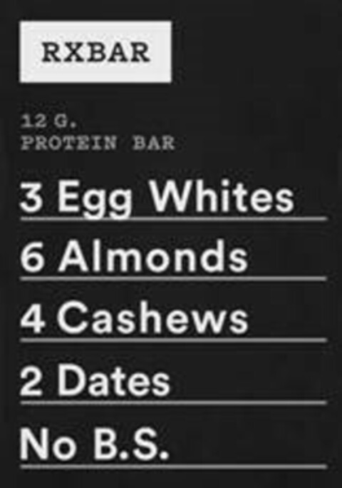RXBAR 12G. PROTEIN BAR 3 Egg Whites 6 Almonds 4 Cashews 2 Dates No B.S. Logo (EUIPO, 21.07.2017)