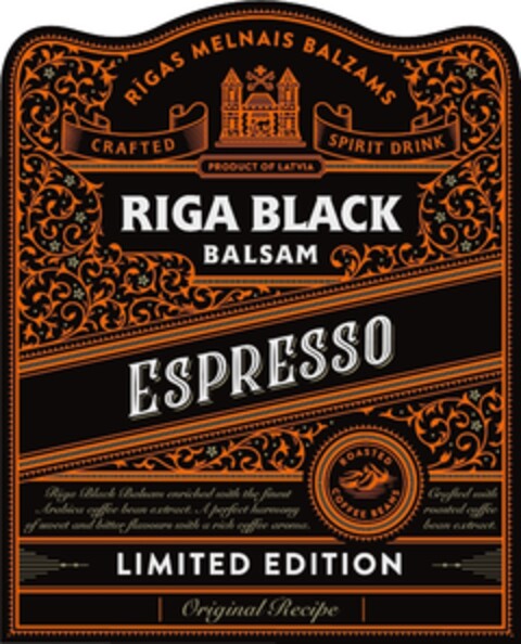 RĪGAS MELNAIS BALZAMS CRAFTED SPIRIT DRINK PRODUCT OF LATVIA RIGA BLACK BALSAM ESPRESSO ROASTED COFFEE BEANS LIMITED EDITION ORIGINAL RECIPE Logo (EUIPO, 06/18/2019)