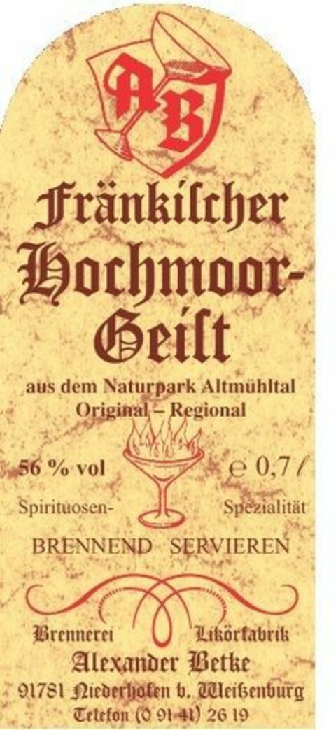 Fränkischer Hochmoor-Geist aus dem Naturpark Altmühltal Original – Regional 56% vol e 0,7 l Spirituosen-Spezialität Brennend Servieren Logo (EUIPO, 04.05.2017)