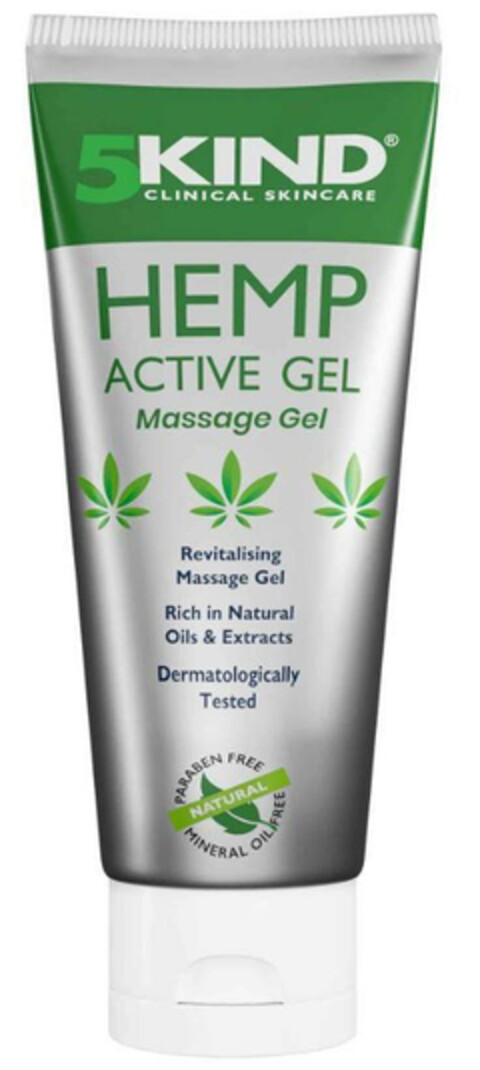 5KIND CLINICAL SKINCARE HEMP ACTIVE GEL Massage Gel Revitalising Massage Gel Rich in Natural Oils & Extracts Dermatologically Tested Logo (EUIPO, 07/01/2024)