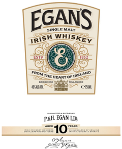 EGAN'S SINGLE MALT IRISH WHISKEY ESTD. 1852 FROM THE HEART OF IRELAND BRIDGE HSE TULLAMORE 40% ALC/VOL E750ML GUARANTEED & BOTTLED BY P.&H. EGAN LTD. AGED 10 YEARS IRISH WHISKEY BONDERS DISTILLERS AND BOTTLERS WHOLESALERS OF GENUINE IRISH LIQUORS & S Logo (EUIPO, 03.09.2015)