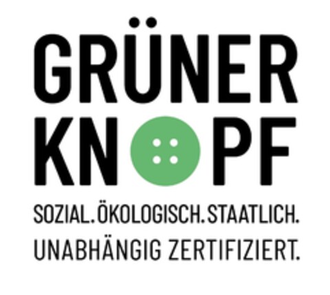 GRÜNER KNOPF SOZIAL. ÖKOLOGISCH. STAATLICH. UNABHÄNGIG ZERTIFIZIERT. Logo (EUIPO, 09.10.2019)