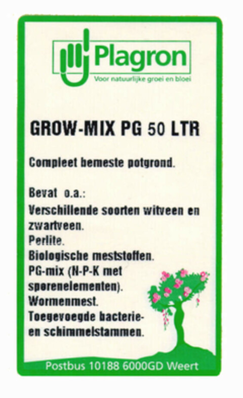 Plagron Voor natuurlijke groei en bloei GROW-MIX PG 50 LTR Compleet bemeste potgrond. Logo (EUIPO, 15.03.2002)