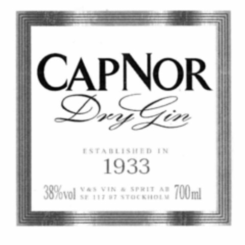 CAPNOR Dry Gin ESTABLISHED IN 1933 38%vol 700 ml V&S VIN & SPRIT AB SE 117 97 STOCKHOLM Logo (EUIPO, 16.04.2002)
